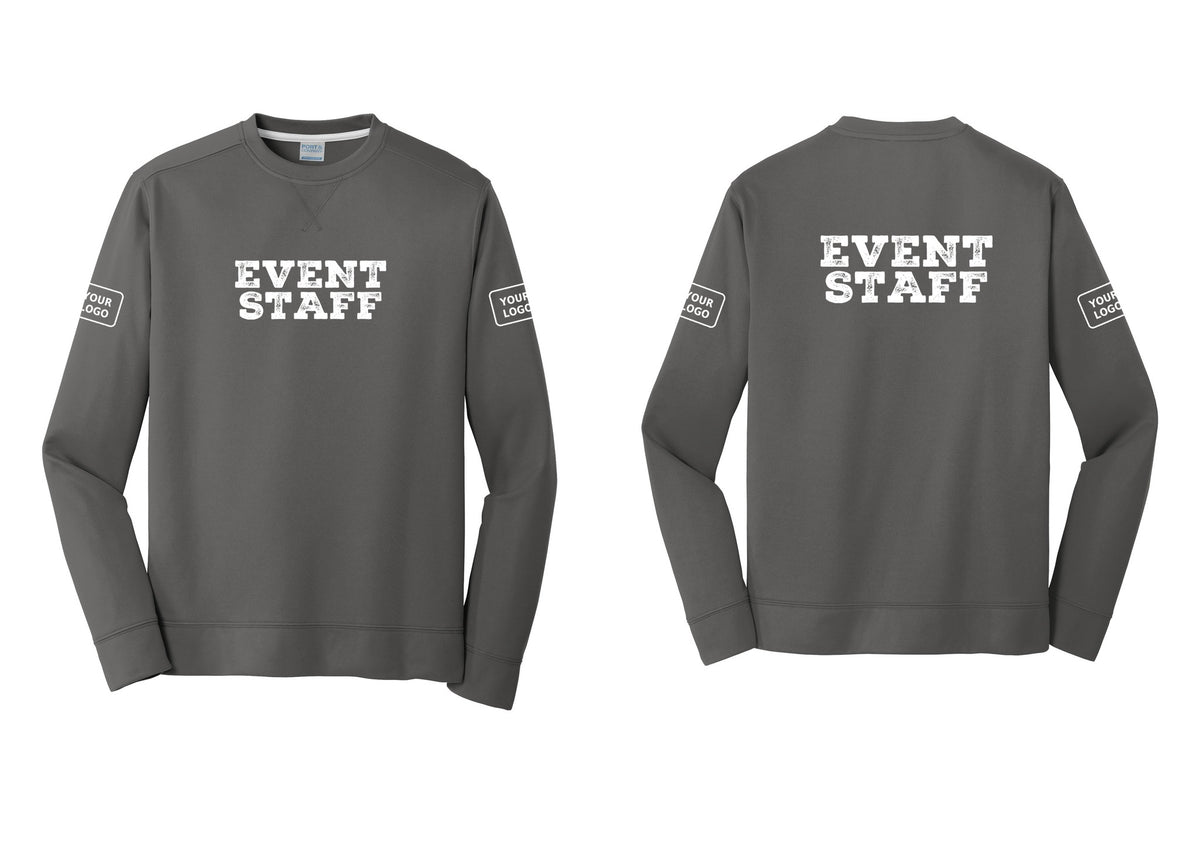NYC Factory Custom Logo Event Staff Performance Fleece Crewneck Sweatshirt (Rustic) - Front + Back + Your Logo Sleeves - Charcoal