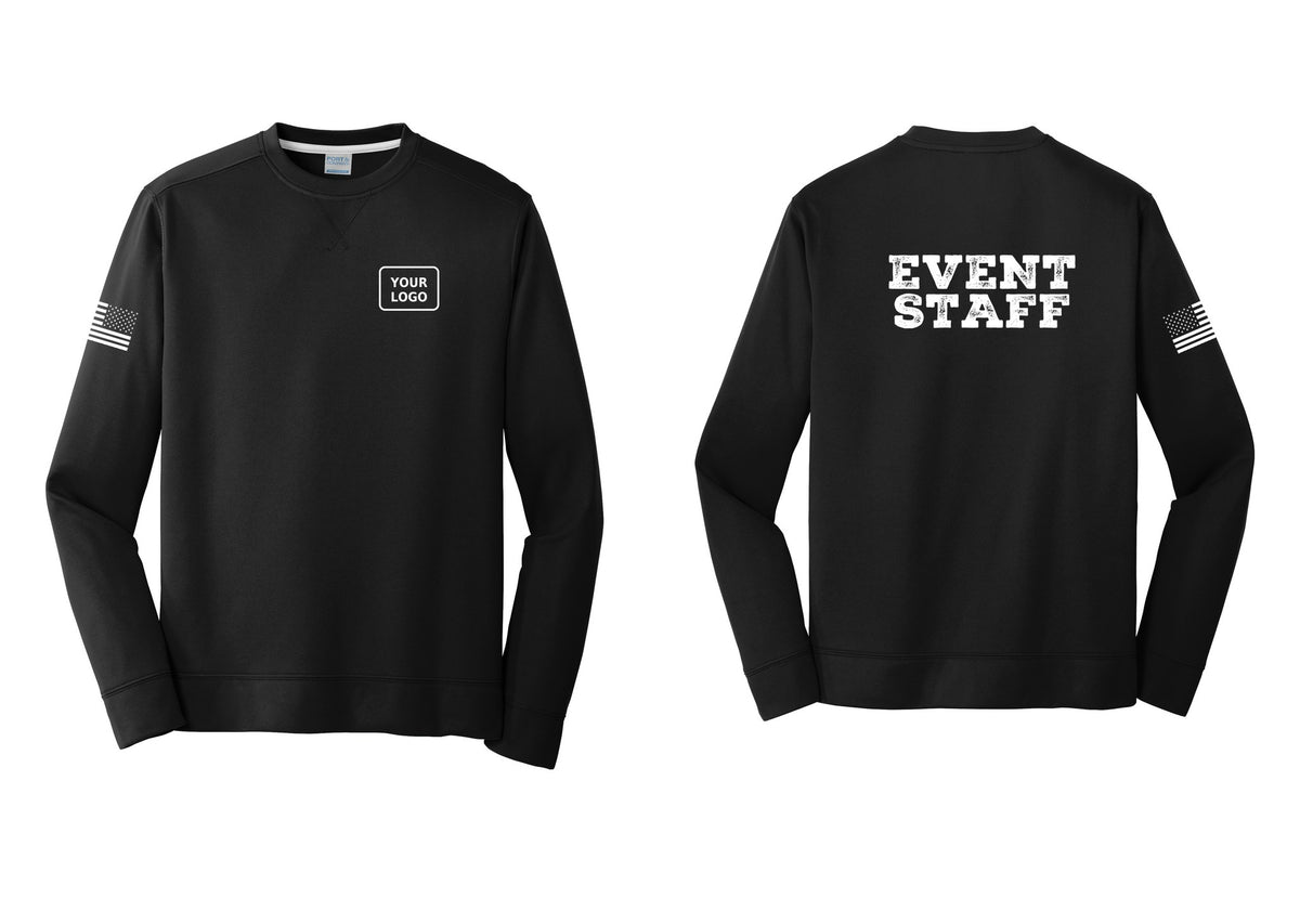 NYC Factory Custom Logo Event Staff Performance Fleece Crewneck Sweatshirt (Rustic) - Your Logo + Back + US Flag Sleeve - Black