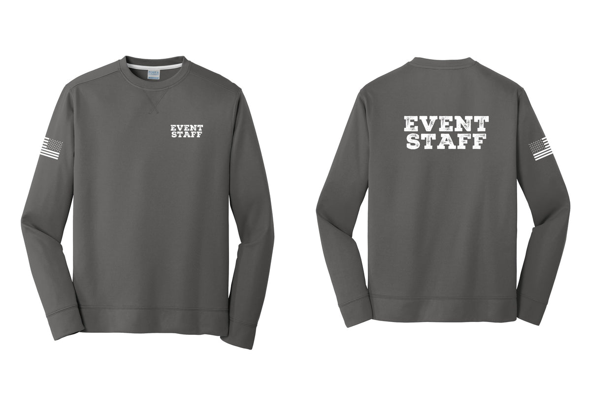 NYC Factory Event Staff Performance Fleece Crewneck Sweatshirt (Rustic) - Chest + Back + US Flag Sleeve - Charcoal