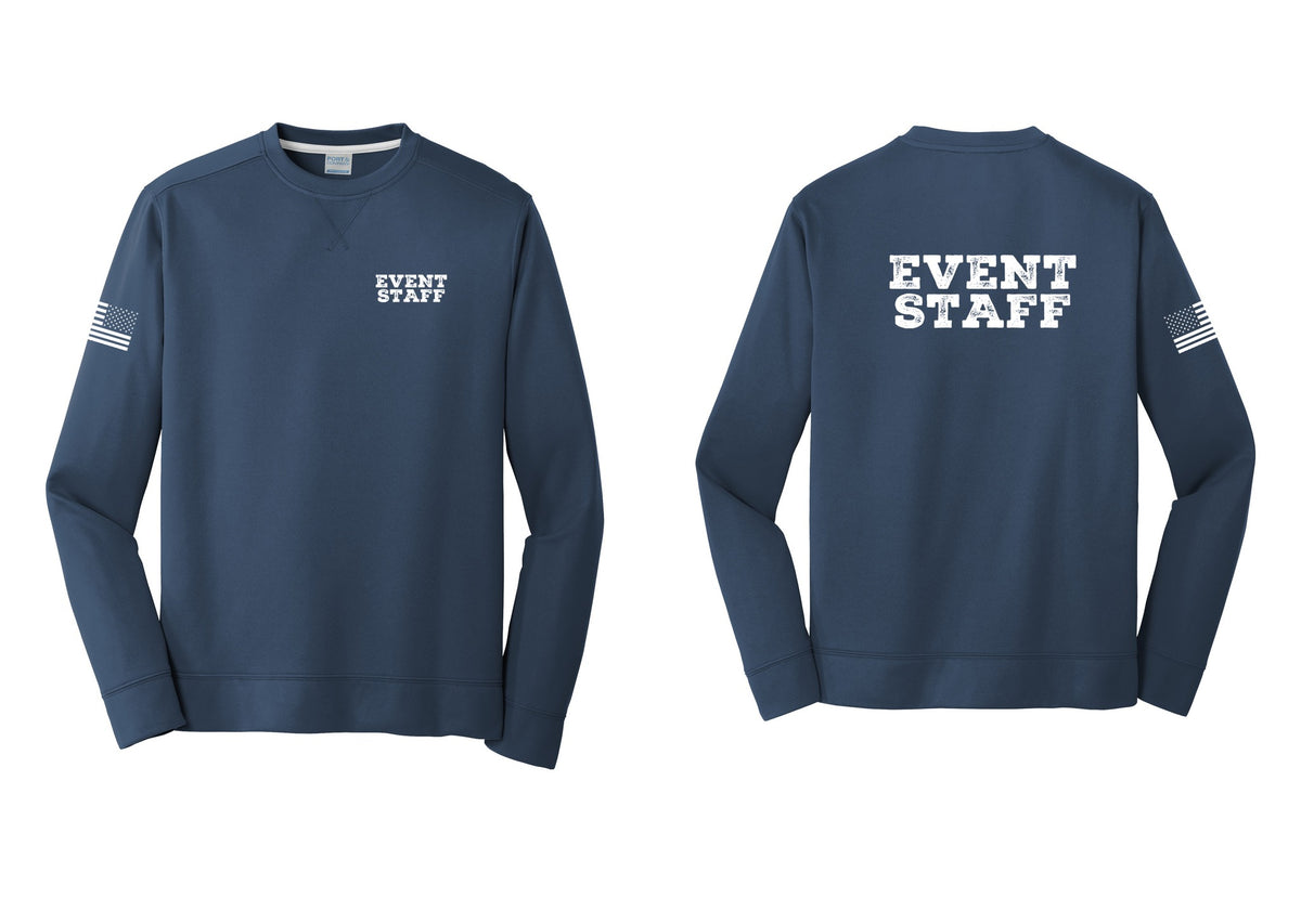 NYC Factory Event Staff Performance Fleece Crewneck Sweatshirt (Rustic) - Chest + Back + US Flag Sleeve - Navy