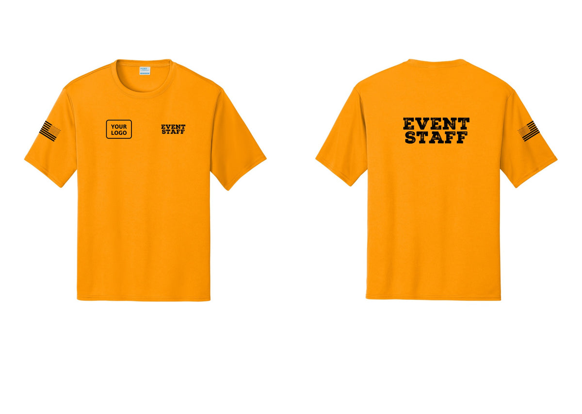 NYC Factory Custom Logo Event Staff Performance T-Shirt (Rustic) - EVENT STAFF + Your Logo + Back + US Flag Sleeve - Gold