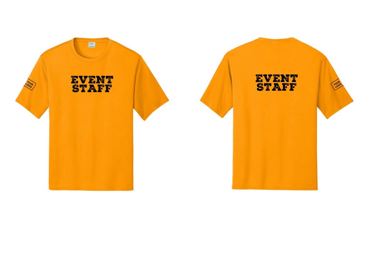 NYC Factory Custom Logo Event Staff Performance T-Shirt (Rustic) - Front + Back + Your Logo Sleeve - Gold