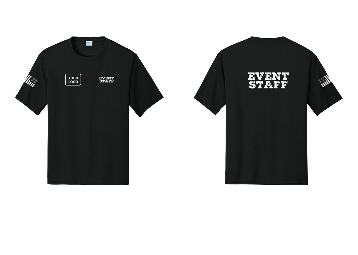 NYC Factory Custom Logo Event Staff Performance T-Shirt (Rustic) - EVENT STAFF + Your Logo + Back + US Flag Sleeve - Black