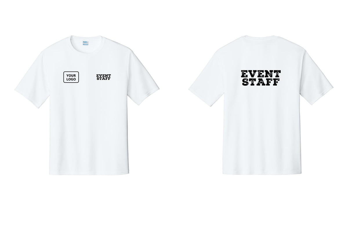 NYC Factory Custom Logo Event Staff Performance T-Shirt (Rustic) - EVENT STAFF + Your Logo + Back - White