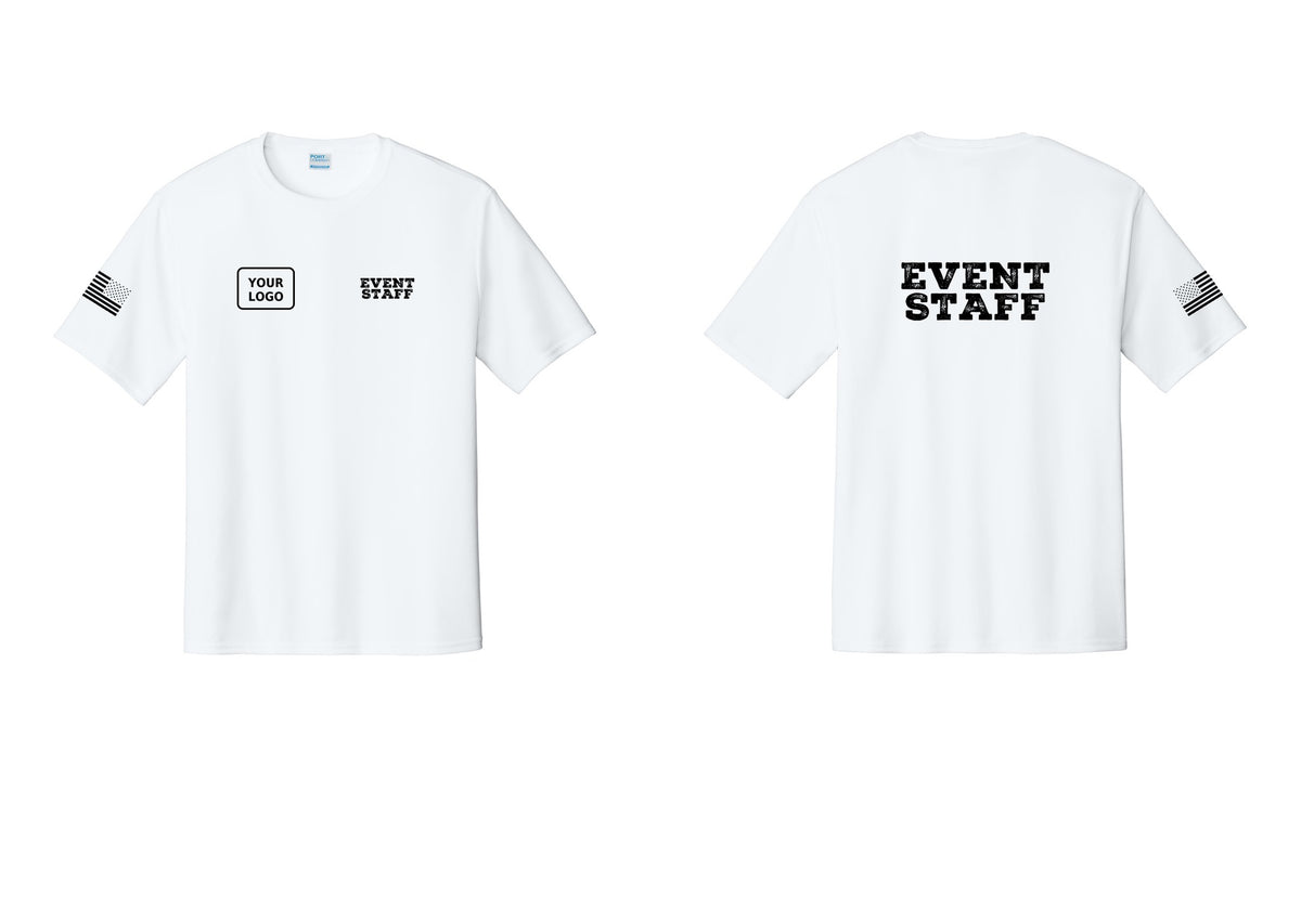 NYC Factory Custom Logo Event Staff Performance T-Shirt (Rustic) - EVENT STAFF + Your Logo + Back + US Flag Sleeve - White