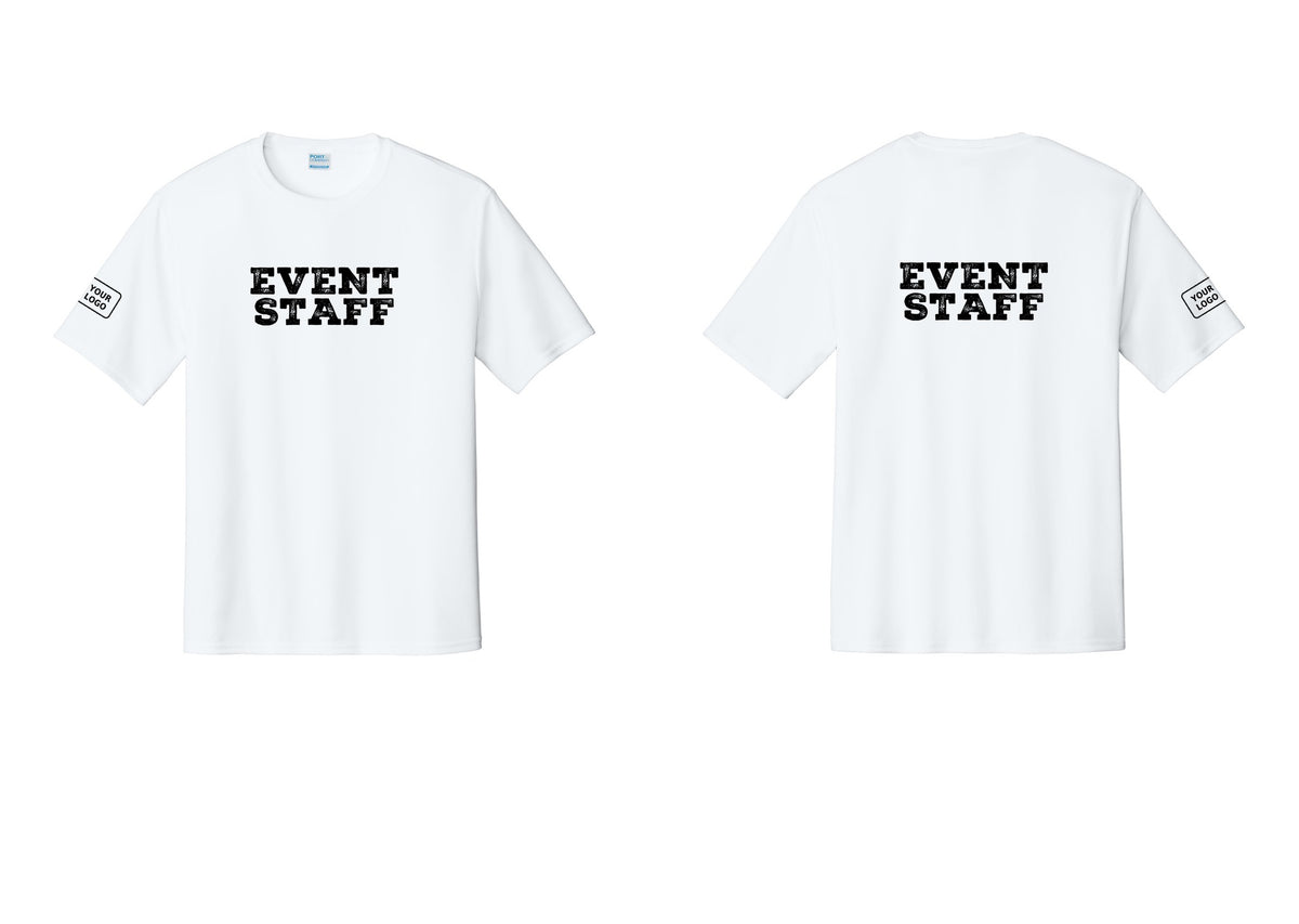 NYC Factory Custom Logo Event Staff Performance T-Shirt (Rustic) - Front + Back + Your Logo Sleeve - White