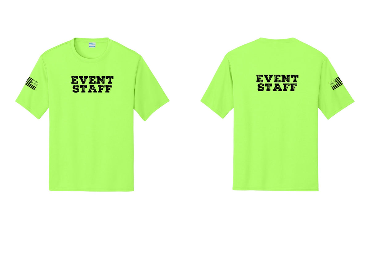NYC Factory Event Staff Performance T-Shirt (Rustic) - Front + Back + US Flag Sleeve - Neon Green
