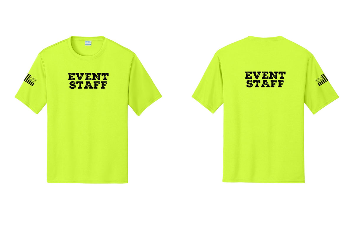 NYC Factory Event Staff Performance T-Shirt (Rustic) - Front + Back + US Flag Sleeve - Neon Yellow