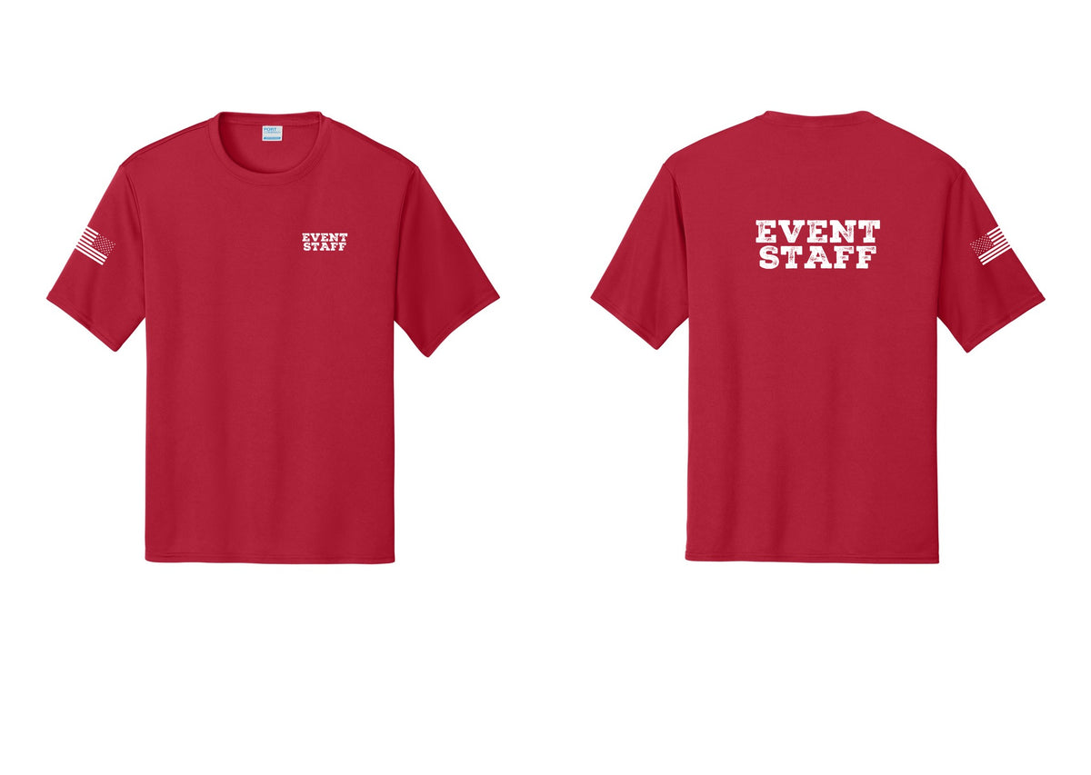 NYC Factory Event Staff Performance T-Shirt (Rustic) - Chest + Back + US Flag Sleeve - Red
