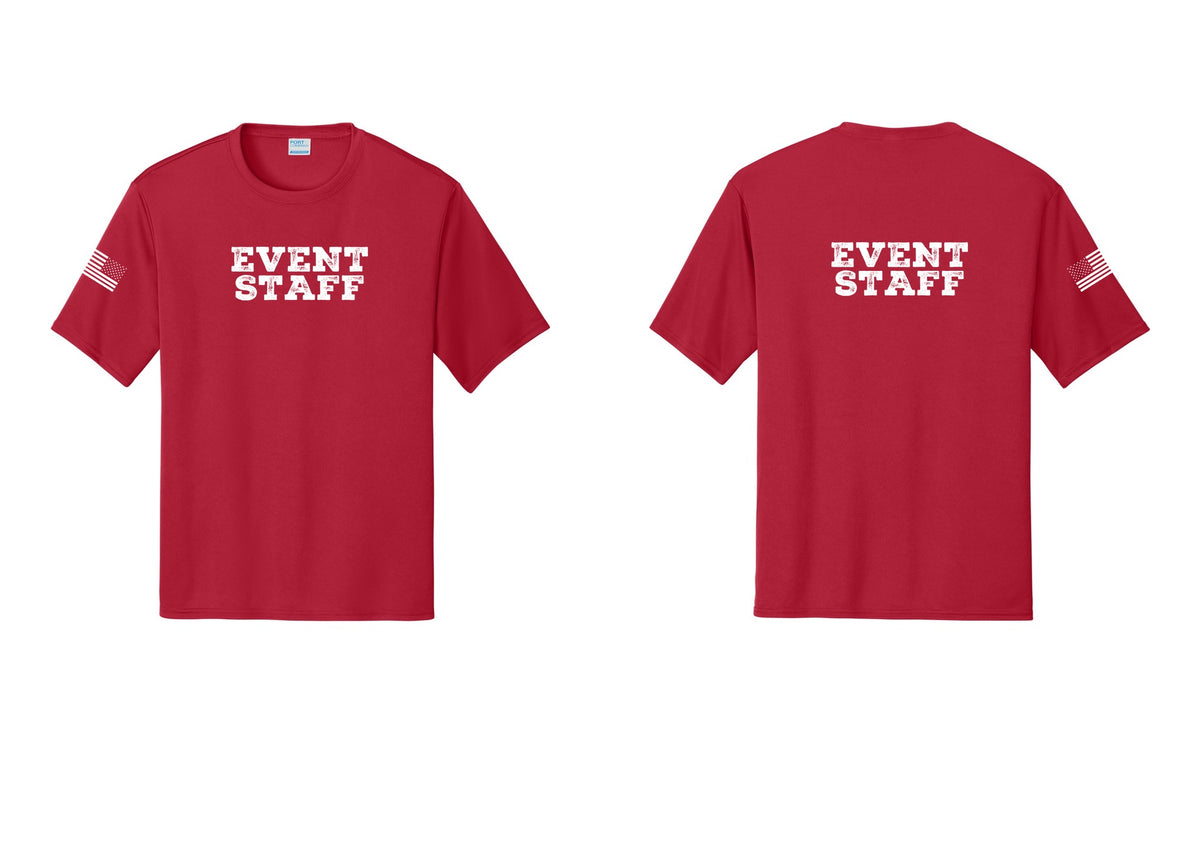NYC Factory Event Staff Performance T-Shirt (Rustic) - Front + Back + US Flag Sleeve - Red