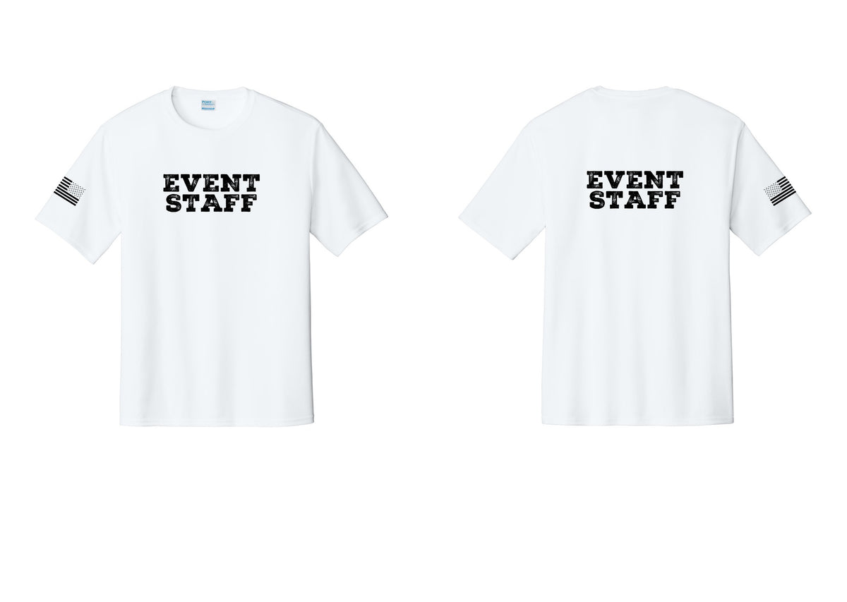 NYC Factory Event Staff Performance T-Shirt (Rustic) - Front + Back + US Flag Sleeve - White