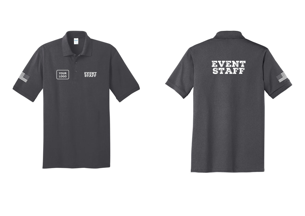 NYC Factory Custom Logo Event Staff Polo Shirt (Rustic) - EVENT STAFF + Your Logo + Back + US Flag Sleeve - Charcoal