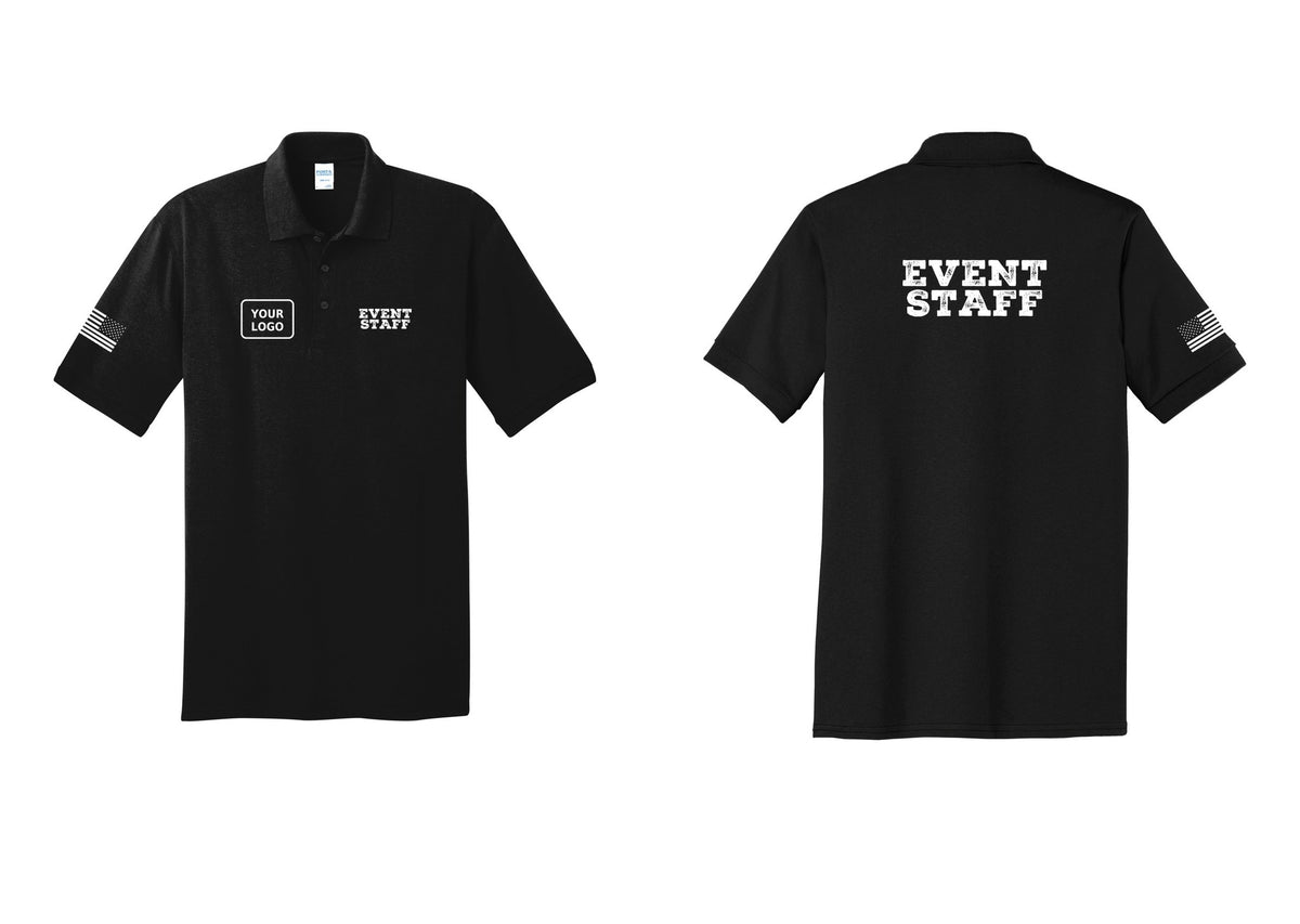 NYC Factory Custom Logo Event Staff Polo Shirt (Rustic) - EVENT STAFF + Your Logo + Back + US Flag Sleeve - Black