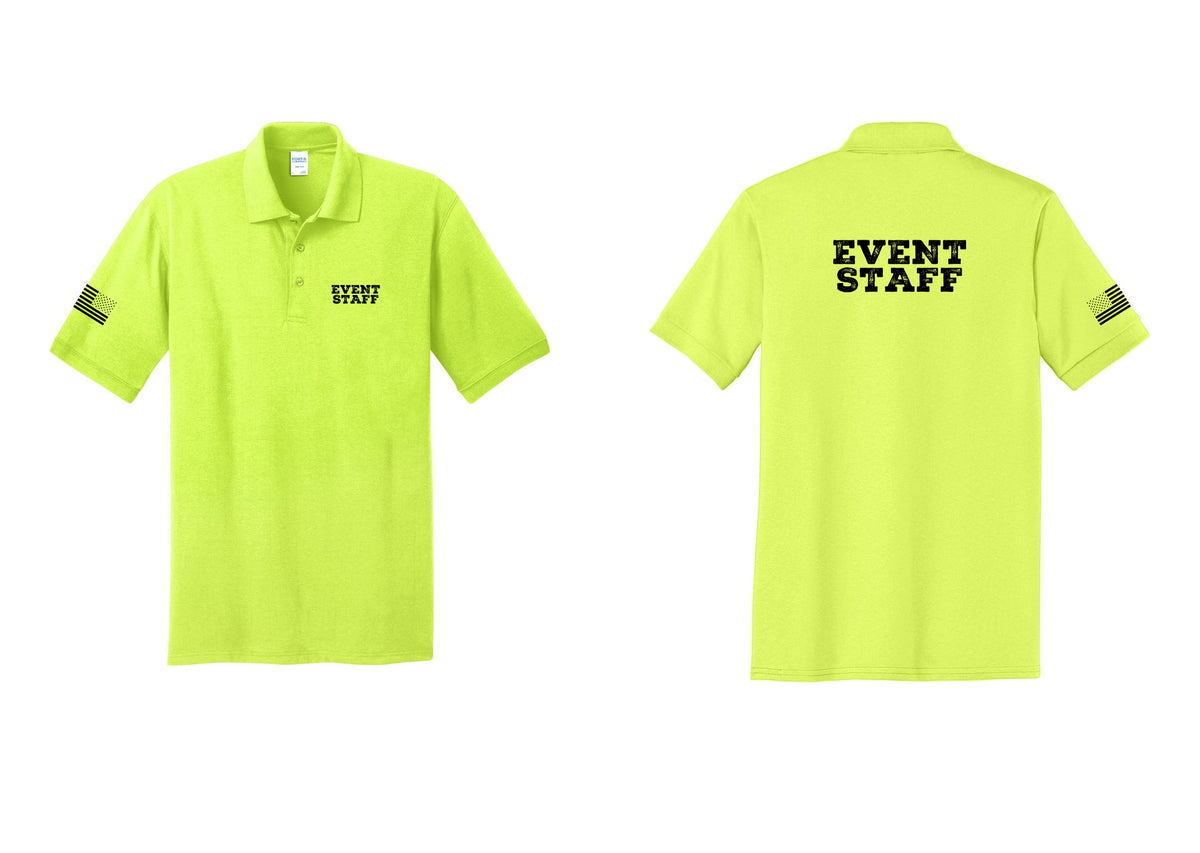 NYC Factory Event Staff Polo Shirt (Rustic) - Chest + Back + US Flag Sleeve - Safety Green