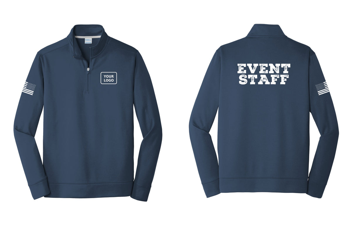 NYC Factory Custom Logo Event Staff Performance Fleece 1/4-Zip Pullover Sweatshirt (Rustic) - Your Logo + Back + US Flag Sleeve - Navy