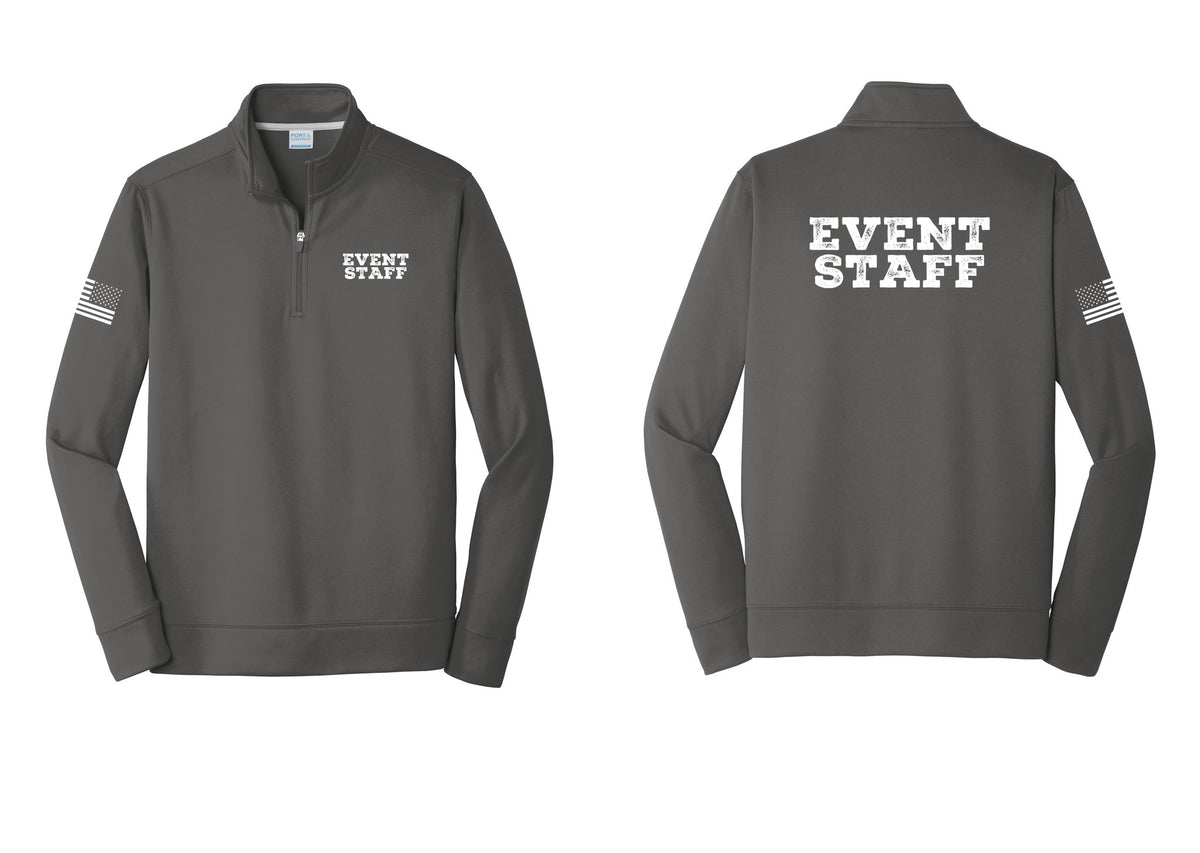 NYC Factory Event Staff Performance Fleece 1/4-Zip Pullover Sweatshirt (Rustic) - Chest + Back + US Flag Sleeve - Charcoal