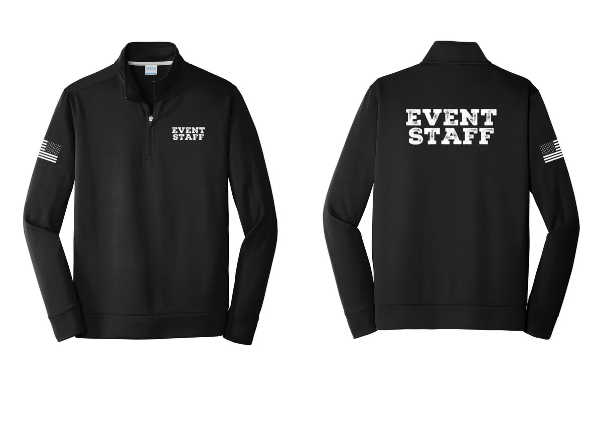 NYC Factory Event Staff Performance Fleece 1/4-Zip Pullover Sweatshirt (Rustic) - Chest + Back + US Flag Sleeve - Black