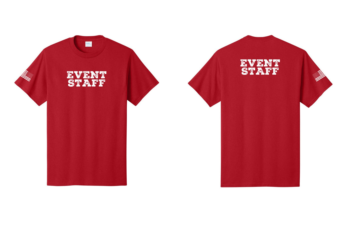 NYC Factory Event Staff T-Shirt - Front + Back + US Flag Sleeve - Red