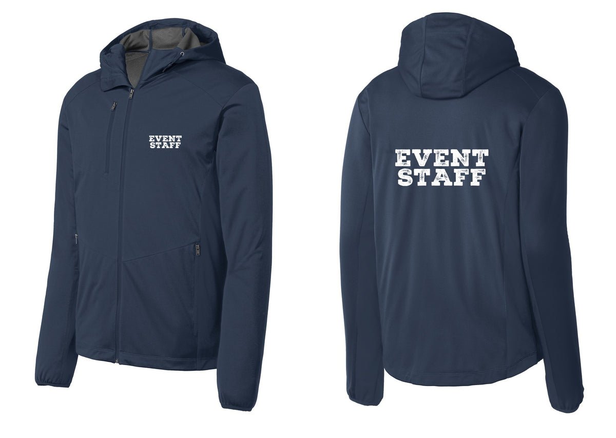 NYC Factory Event Staff Soft Shell Hooded Jacket (Rustic) - Chest + Back - Dress Blue Navy