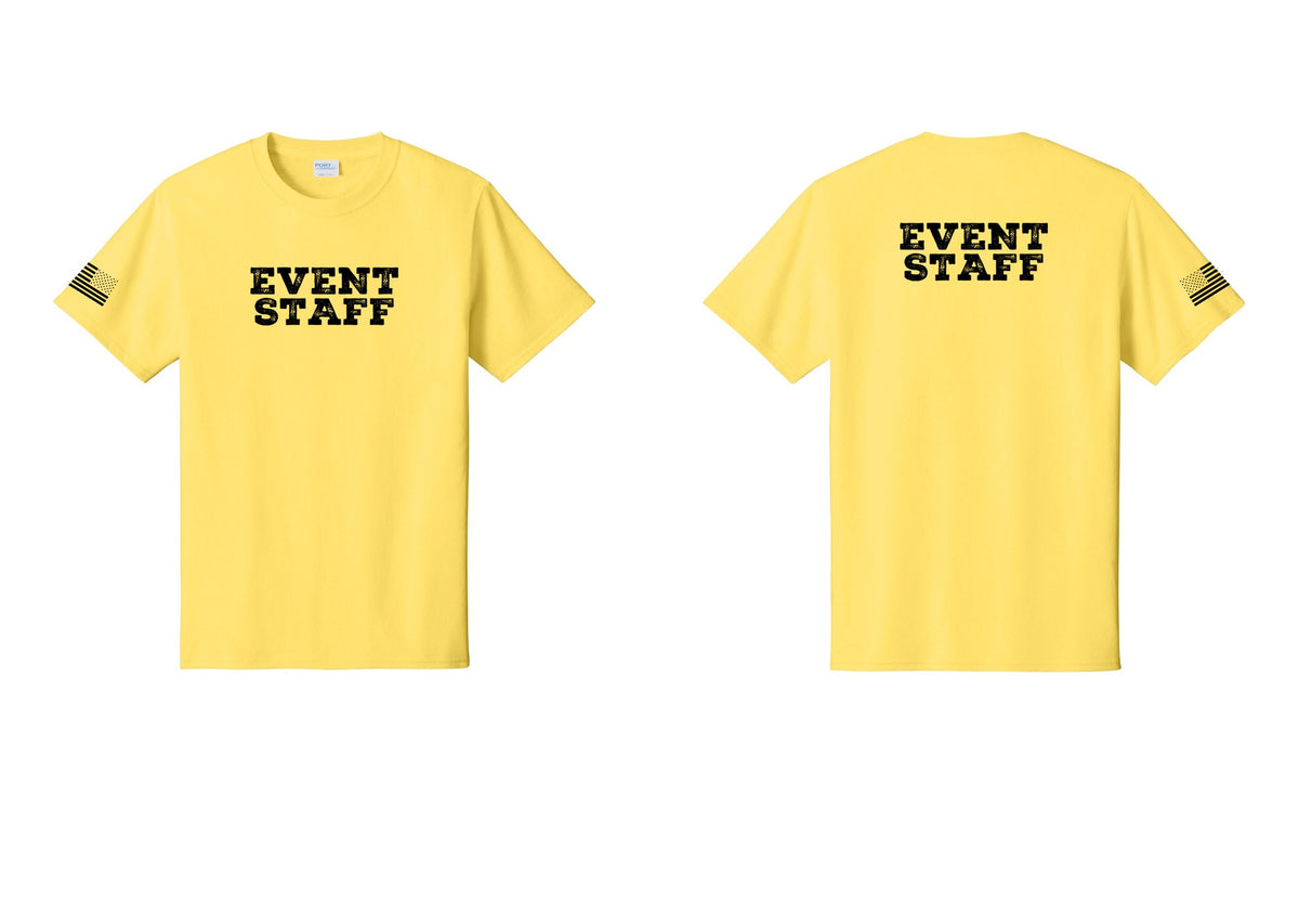 NYC Factory Event Staff T-Shirt - Front + Back + US Flag Sleeve - Yellow