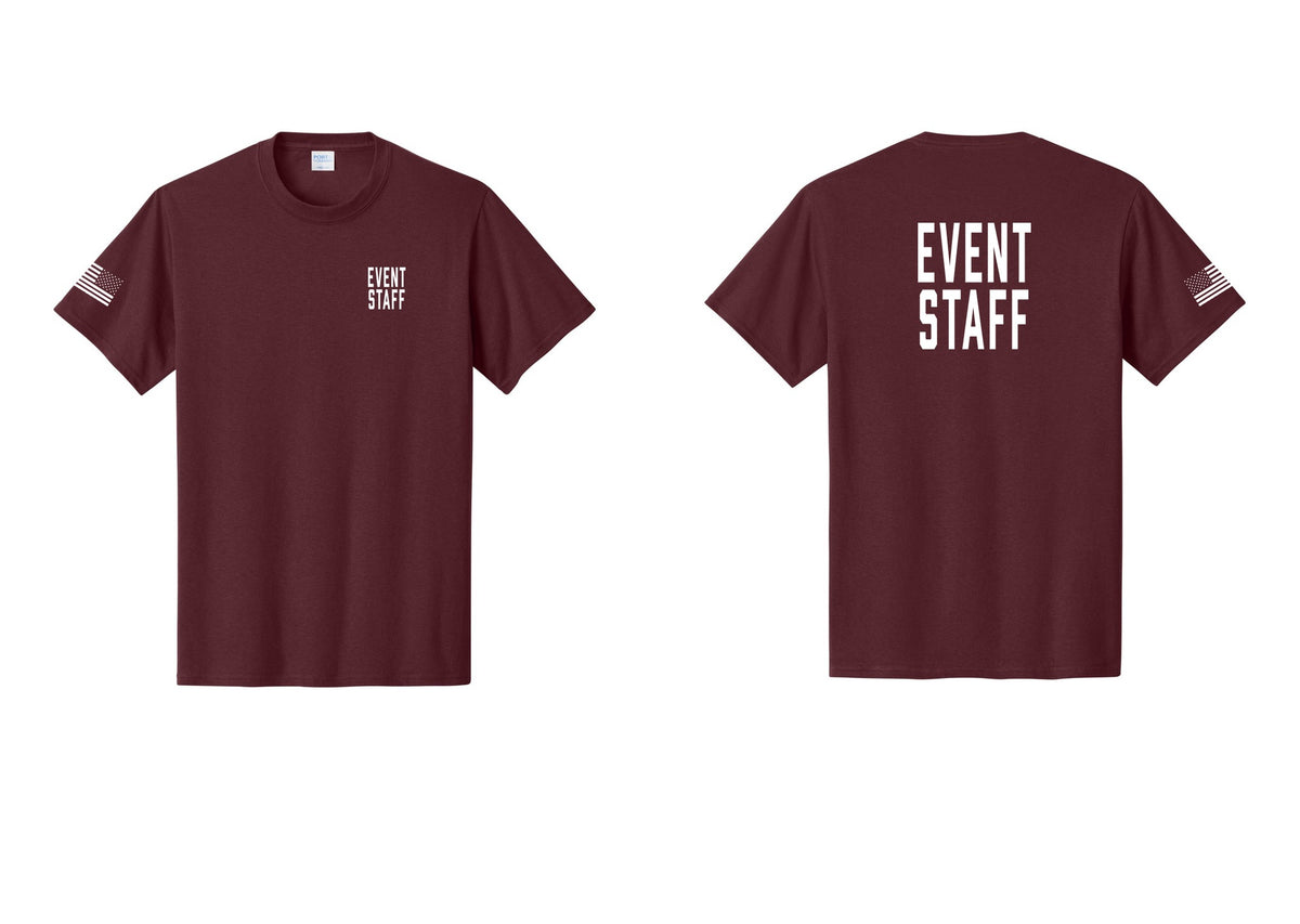 NYC Factory Event Staff T-Shirt, Condensed Lettering - Chest + Back + US Flag Sleeve - Athletic Maroon