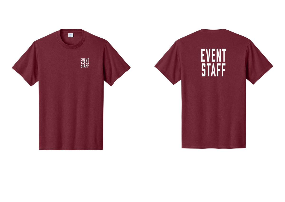 NYC Factory Event Staff T-Shirt, Condensed Lettering - Chest + Back - Cardinal