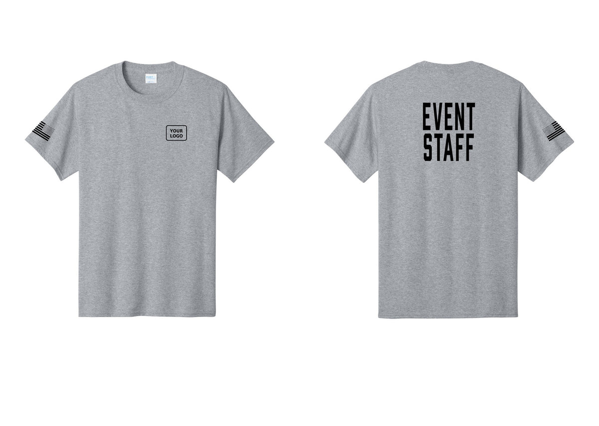 NYC Factory Custom Logo Event Staff T-Shirt, Condensed Lettering - Your Logo + Back + US Flag Sleeve - Athletic Heather