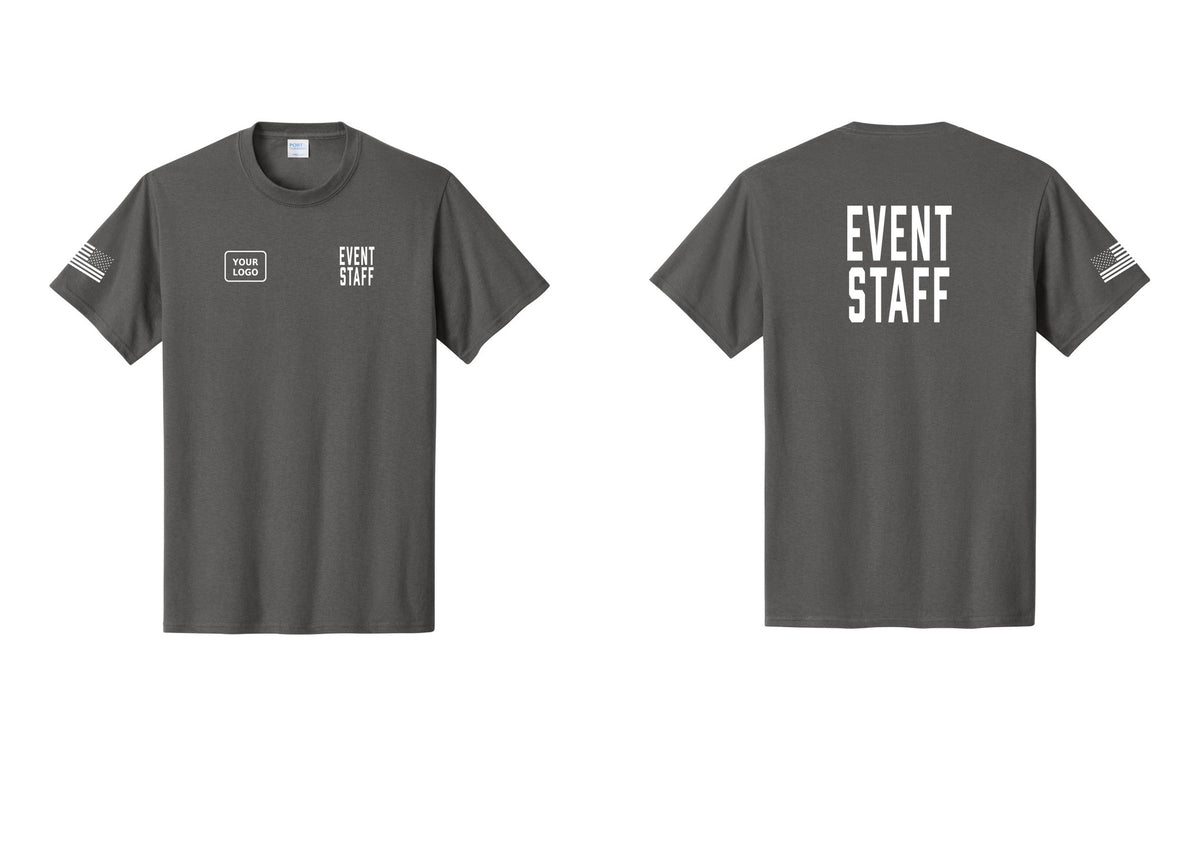 NYC Factory Custom Logo Event Staff T-Shirt, Condensed Lettering - EVENT STAFF + Your Logo + Back + US Flag Sleeve - Charcoal