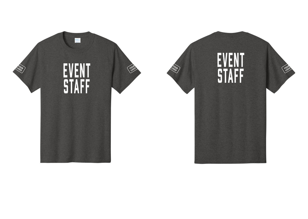 NYC Factory Custom Logo Event Staff T-Shirt, Condensed Lettering - Front + Back + Your Logo Sleeves - Dark Heather Grey
