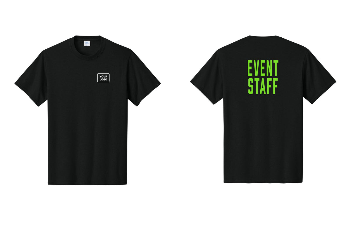 NYC Factory Custom Logo Event Staff T-Shirt, Condensed Lettering - Your Logo + Back - Black / Neon