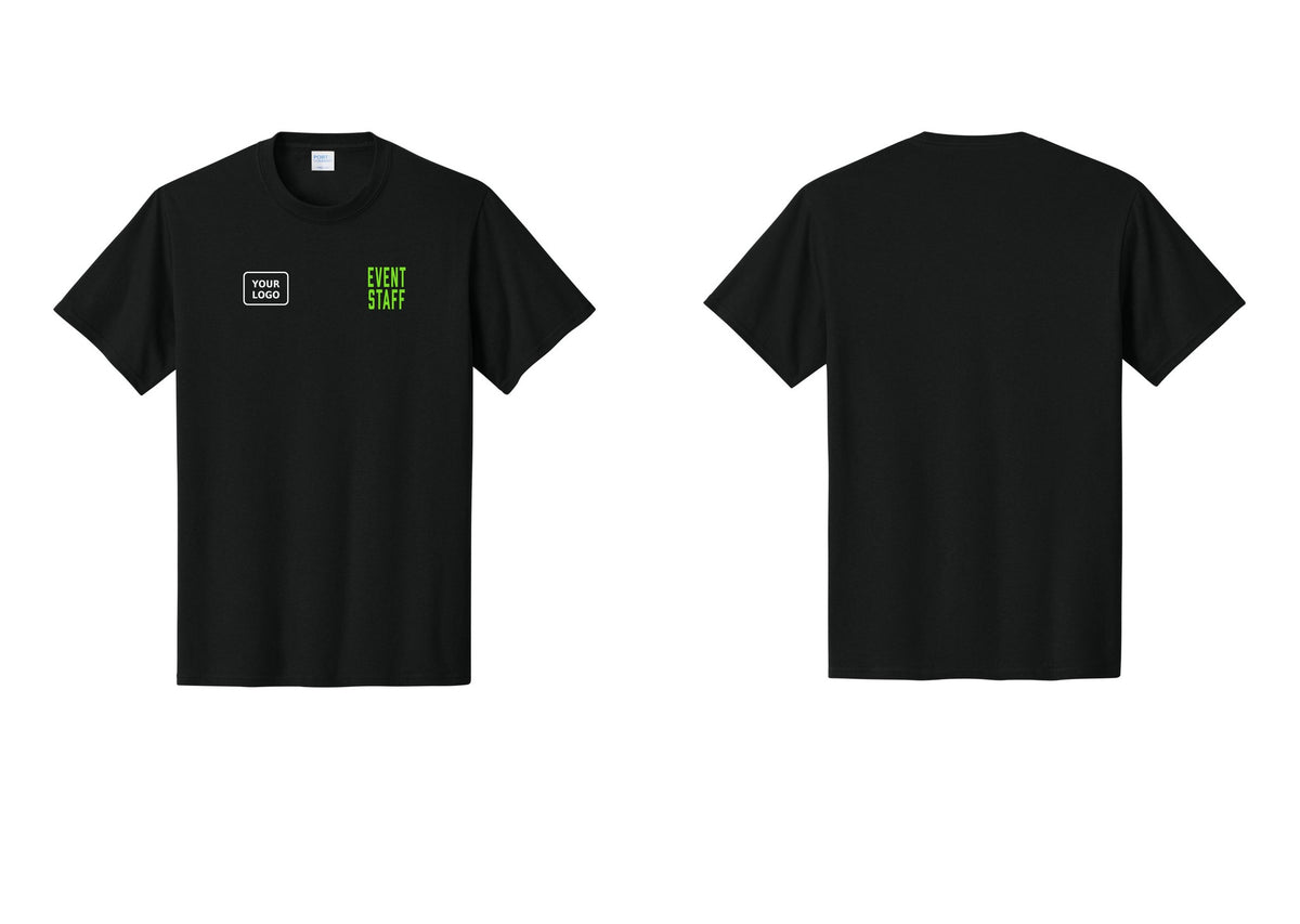 NYC Factory Custom Logo Event Staff T-Shirt, Condensed Lettering - EVENT STAFF + Your Logo - Black / Neon