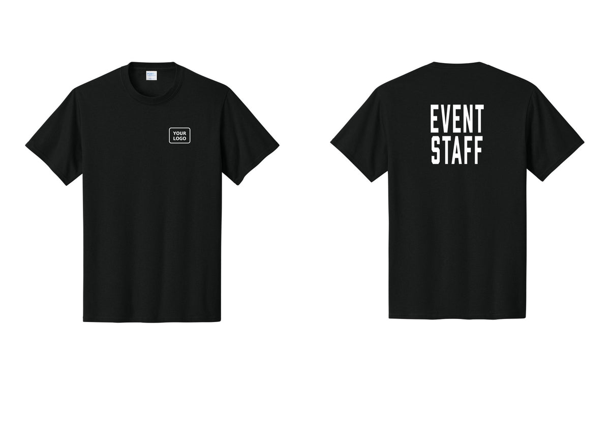 NYC Factory Custom Logo Event Staff T-Shirt, Condensed Lettering - Your Logo + Back - Black