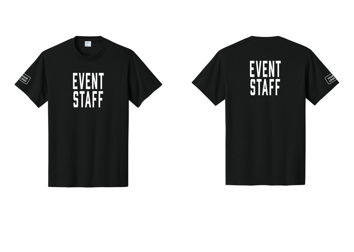NYC Factory Custom Logo Event Staff T-Shirt, Condensed Lettering - Front + Back + Your Logo Sleeve - Black
