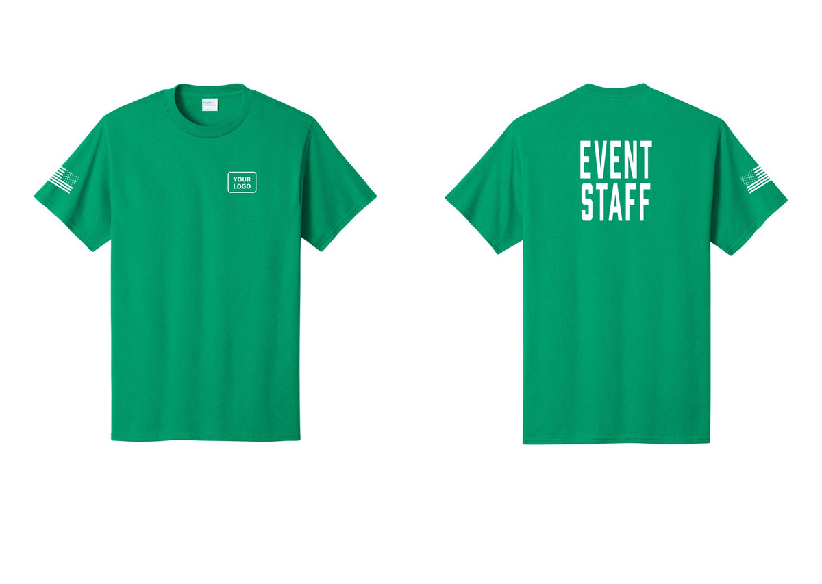 NYC Factory Custom Logo Event Staff T-Shirt, Condensed Lettering - Your Logo + Back + US Flag Sleeve - Kelly