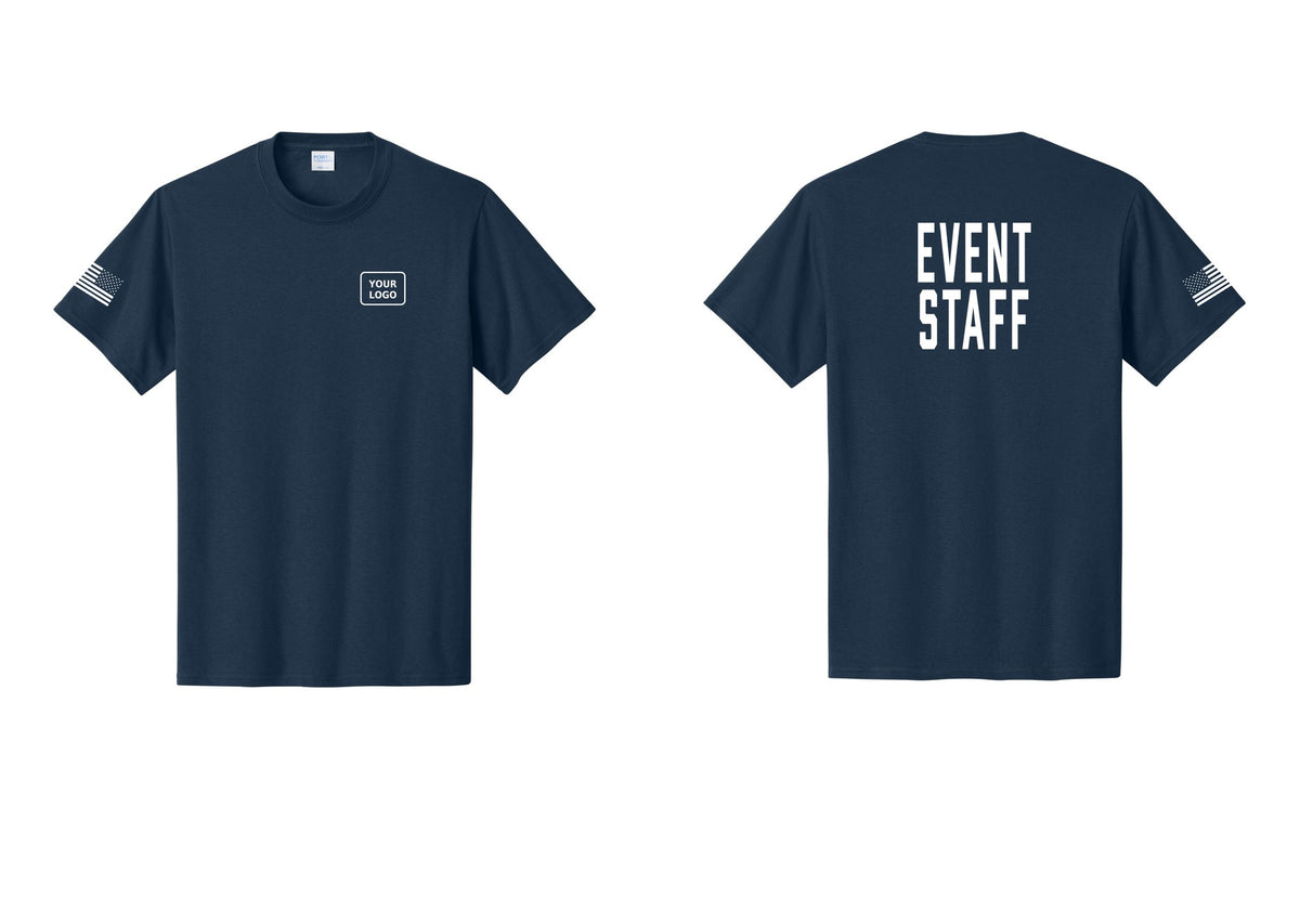 NYC Factory Custom Logo Event Staff T-Shirt, Condensed Lettering - Your Logo + Back + US Flag Sleeve - Navy