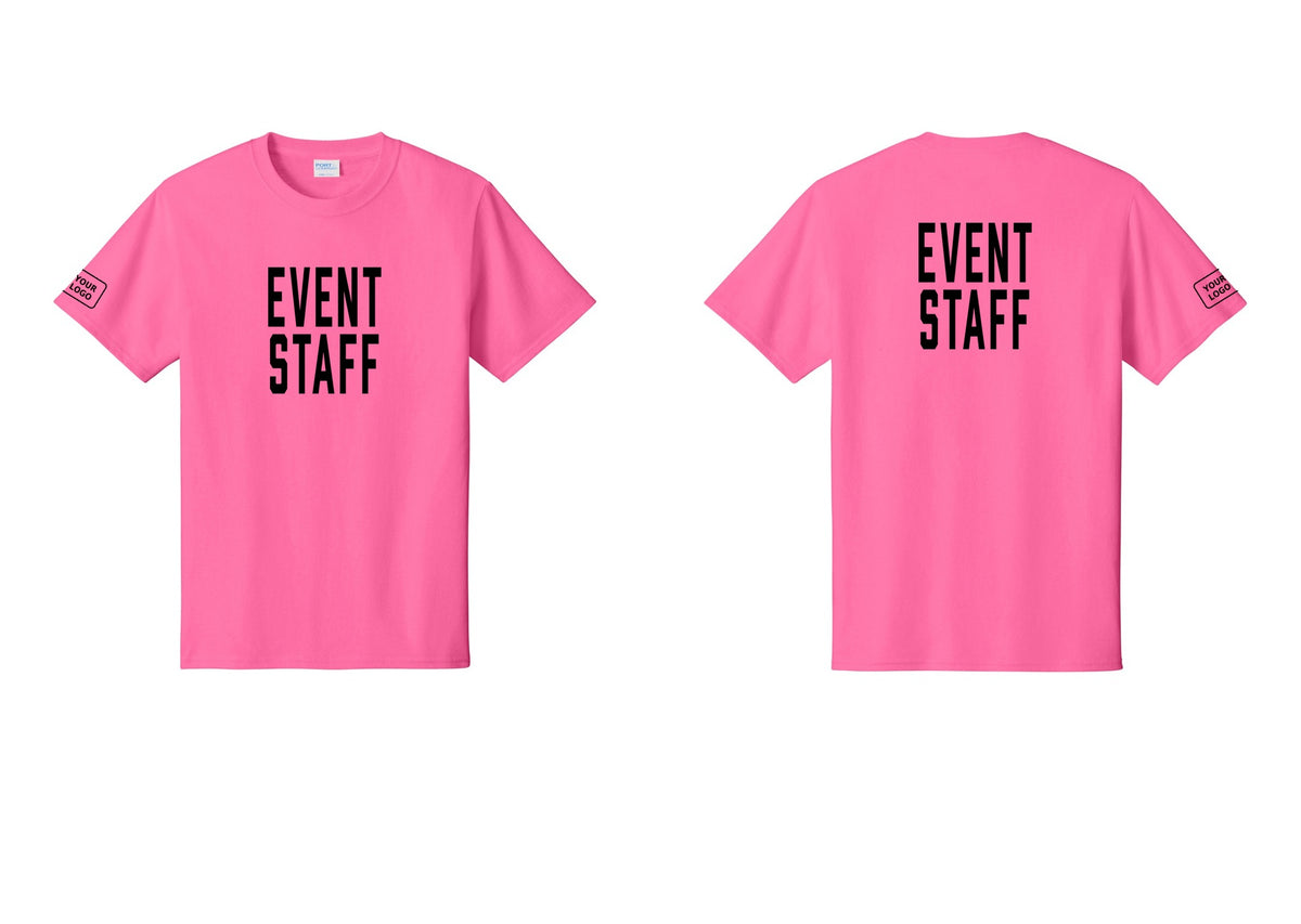 NYC Factory Custom Logo Event Staff T-Shirt, Condensed Lettering - Front + Back + Your Logo Sleeve - Neon Pink