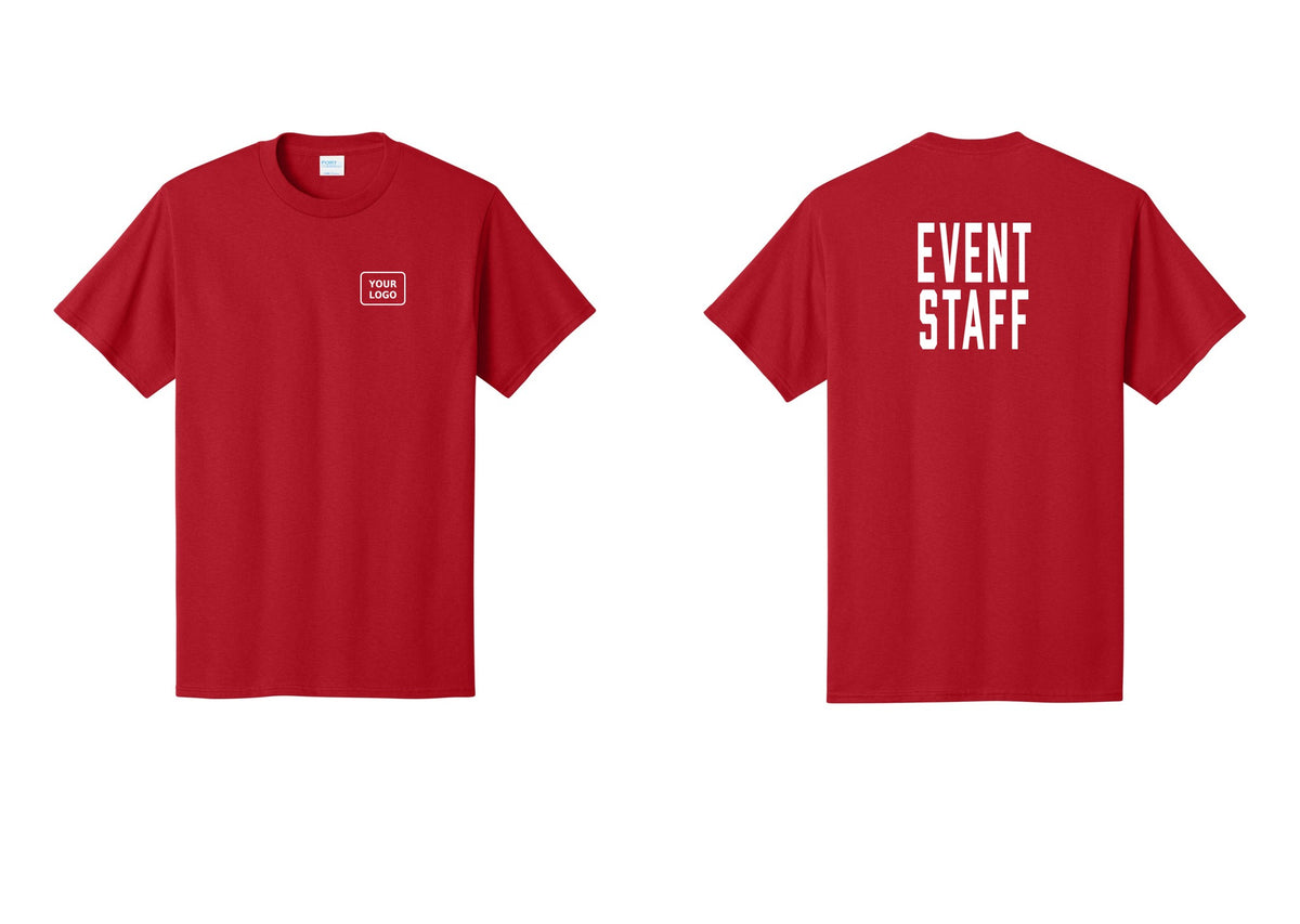 NYC Factory Custom Logo Event Staff T-Shirt, Condensed Lettering - Your Logo + Back - Red