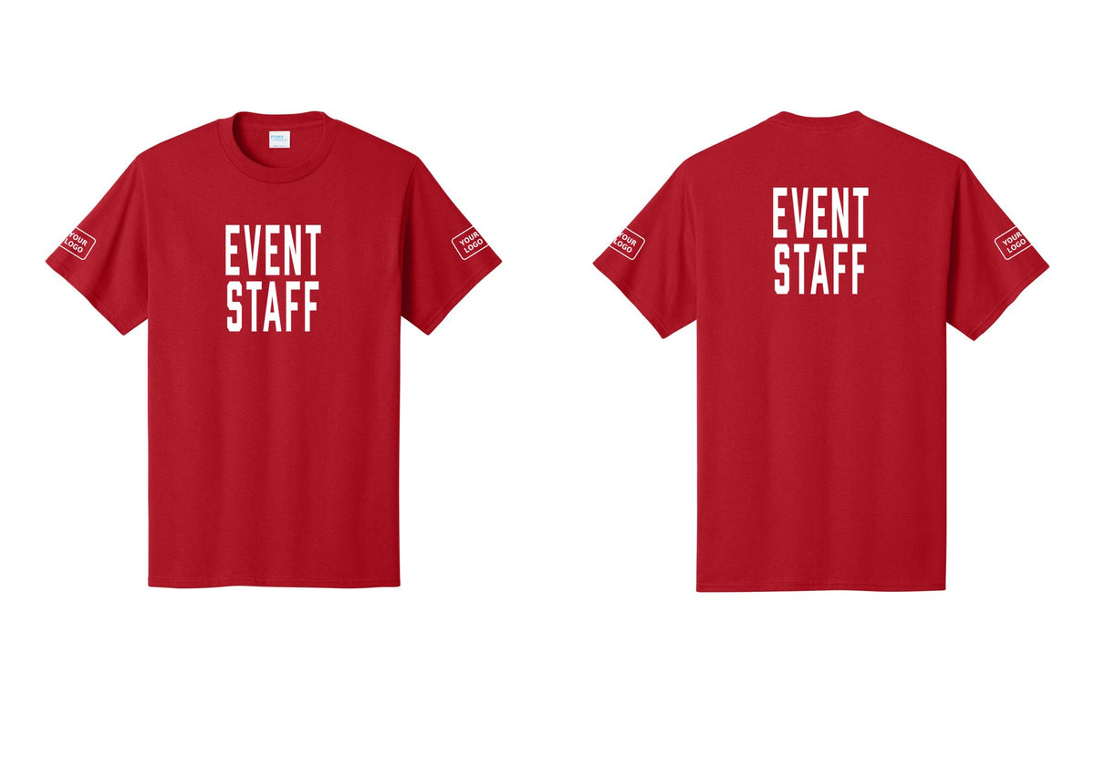 NYC Factory Custom Logo Event Staff T-Shirt, Condensed Lettering - Front + Back + Your Logo Sleeves - Red