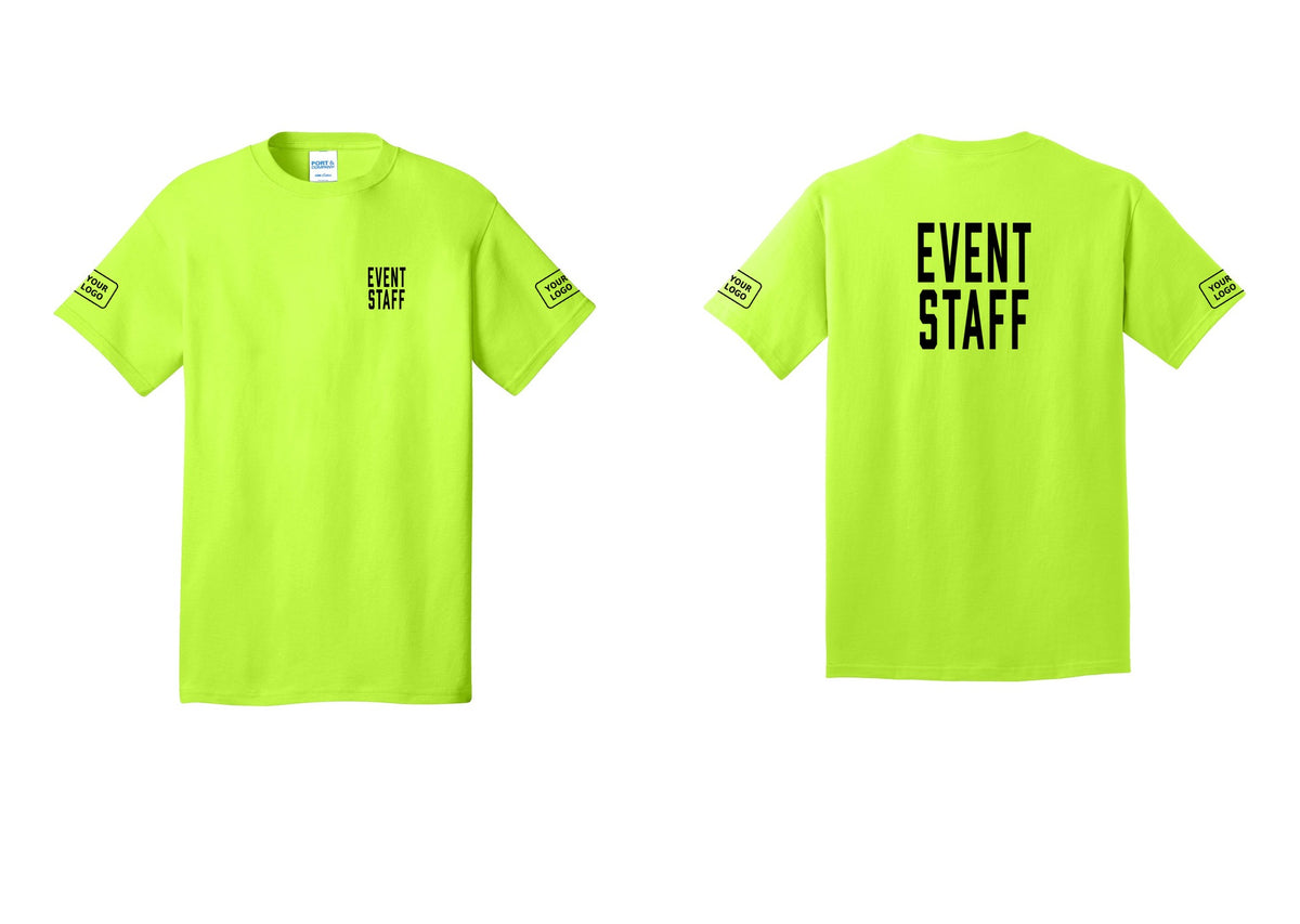 NYC Factory Custom Logo Event Staff T-Shirt, Condensed Lettering - Chest + Back + Your Logo Sleeves - Safety Green