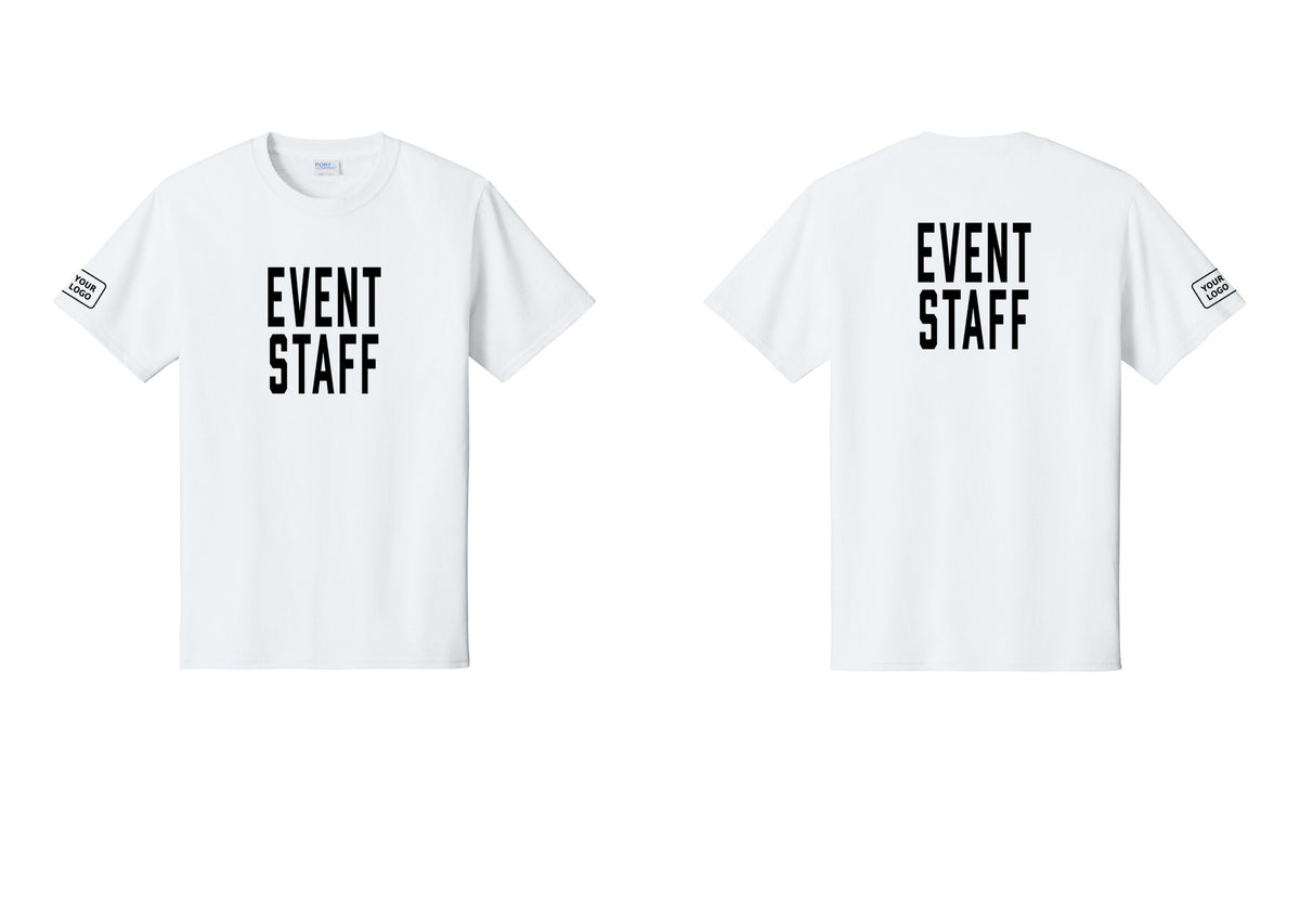 NYC Factory Custom Logo Event Staff T-Shirt, Condensed Lettering - Front + Back + Your Logo Sleeve - White