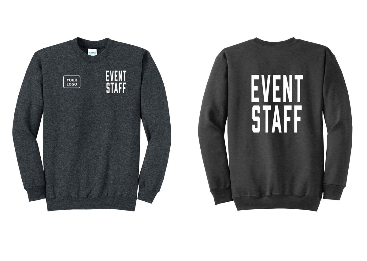 NYC Factory Custom Logo Event Staff Cotton Fleece Crewneck Sweatshirt (Classic) - EVENT STAFF + Your Logo + Back - Dark Heather Grey
