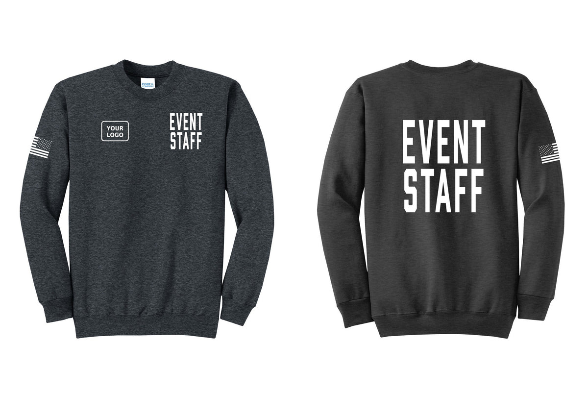 NYC Factory Custom Logo Event Staff Cotton Fleece Crewneck Sweatshirt (Classic) - EVENT STAFF + Your Logo + Back + US Flag Sleeve - Dark Heather Grey