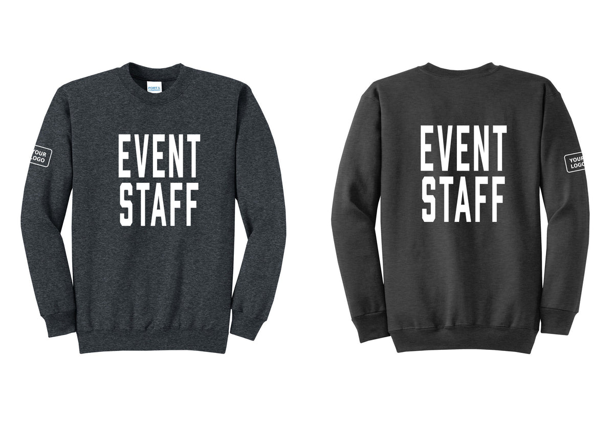 NYC Factory Custom Logo Event Staff Cotton Fleece Crewneck Sweatshirt (Classic) - Front + Back + Your Logo Sleeve - Dark Heather Grey