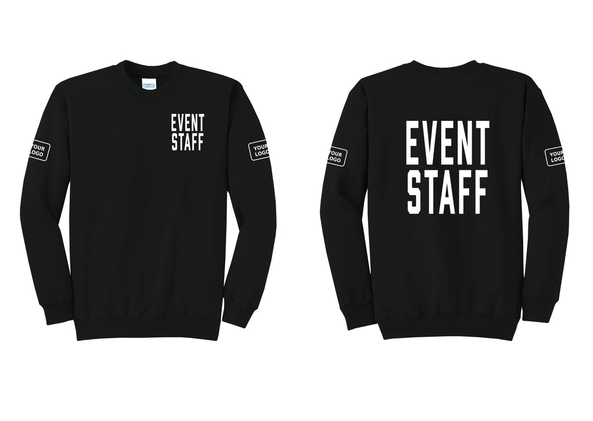 NYC Factory Custom Logo Event Staff Cotton Fleece Crewneck Sweatshirt (Classic) - Chest + Back + Your Logo Sleeves - Black