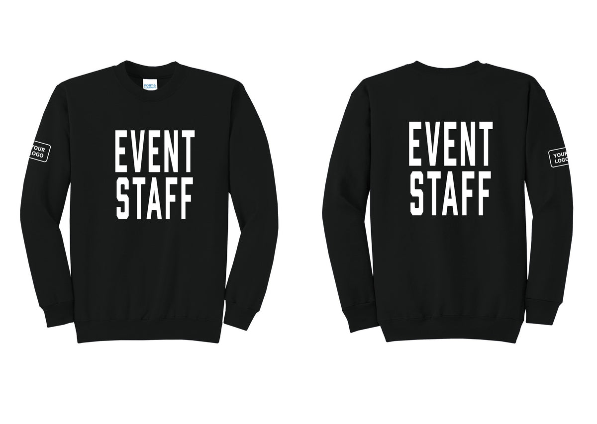 NYC Factory Custom Logo Event Staff Cotton Fleece Crewneck Sweatshirt (Classic) - Front + Back + Your Logo Sleeve - Black