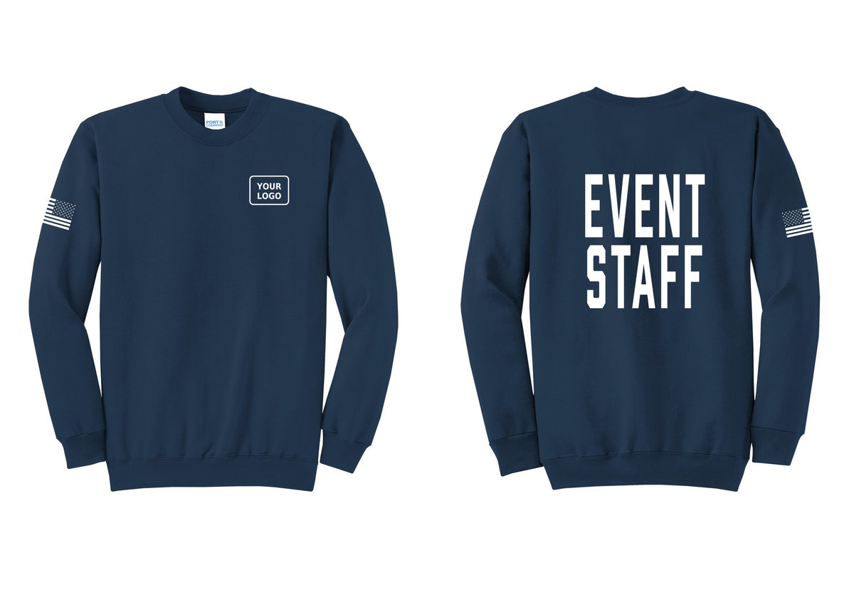 NYC Factory Custom Logo Event Staff Cotton Fleece Crewneck Sweatshirt (Classic) - Your Logo + Back + US Flag Sleeve - Navy