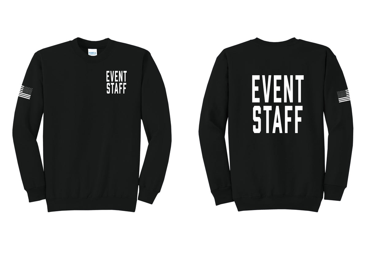 NYC Factory Event Staff Cotton Fleece Crewneck Sweatshirt (Classic) - Chest + Back + US Flag Sleeve - Black