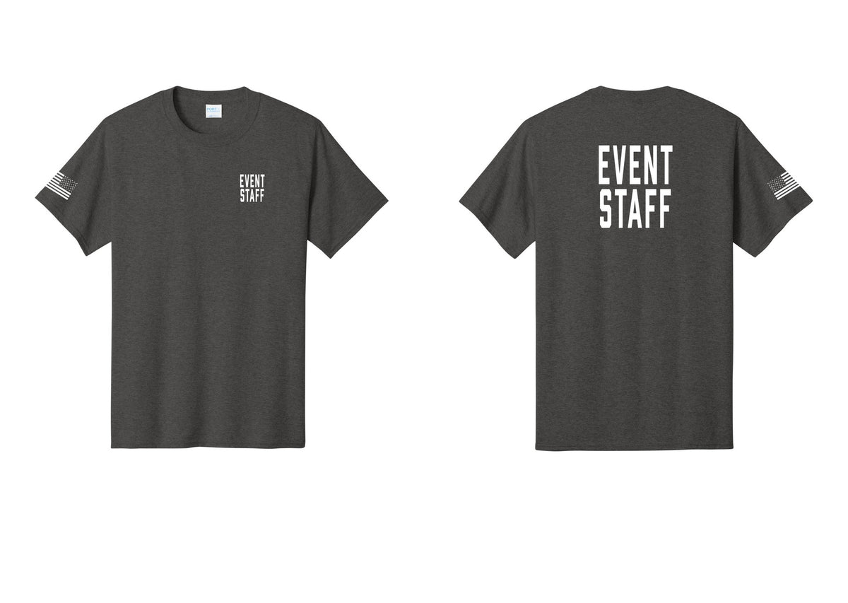 NYC Factory Event Staff T-Shirt, Condensed Lettering - Chest + Back + US Flag Sleeve - Dark Heather Grey
