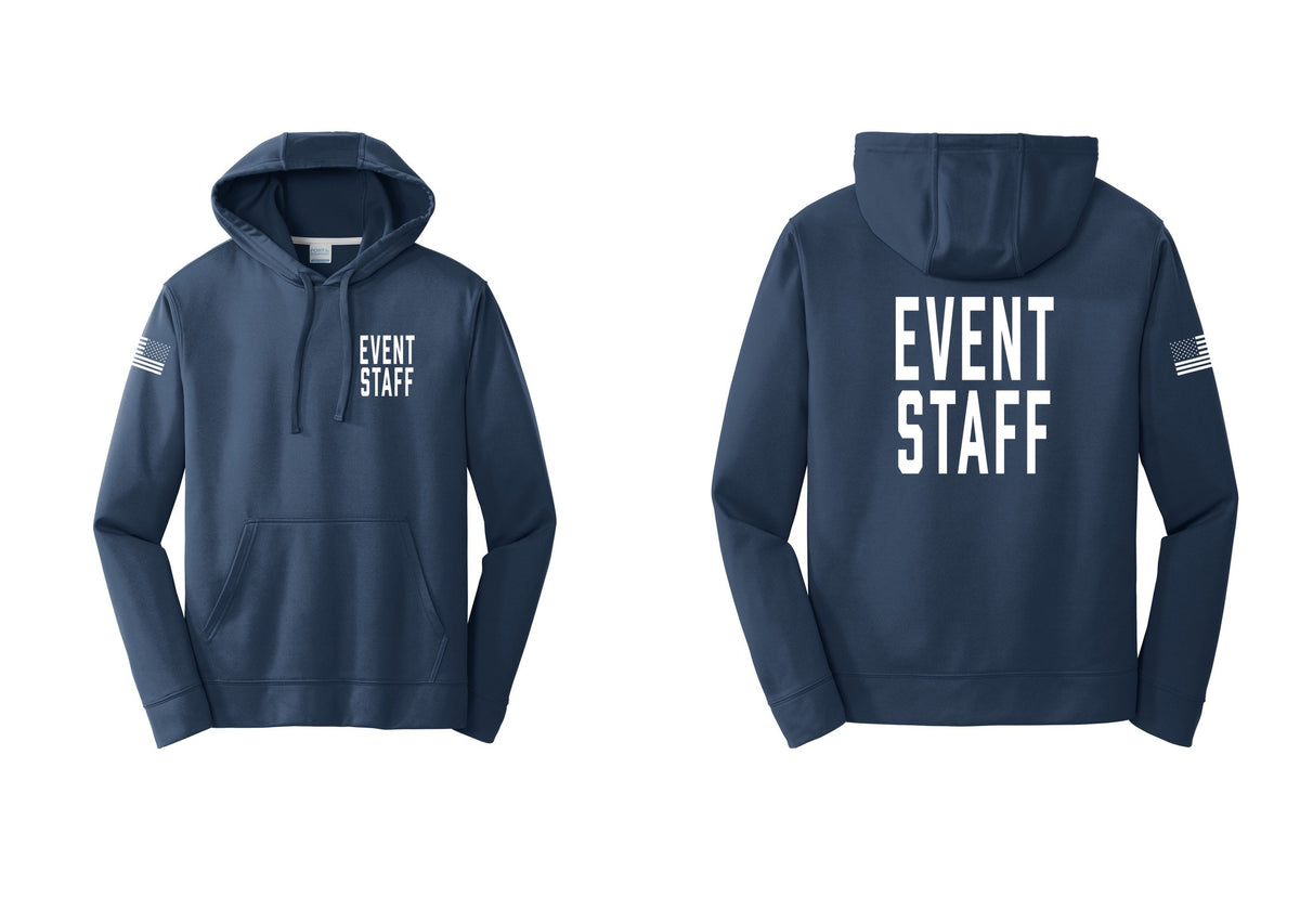 NYC Factory Event Staff Performance Hooded Fleece Pullover Sweatshirt (Classic) - Chest + Back + US Flag Sleeve - Navy