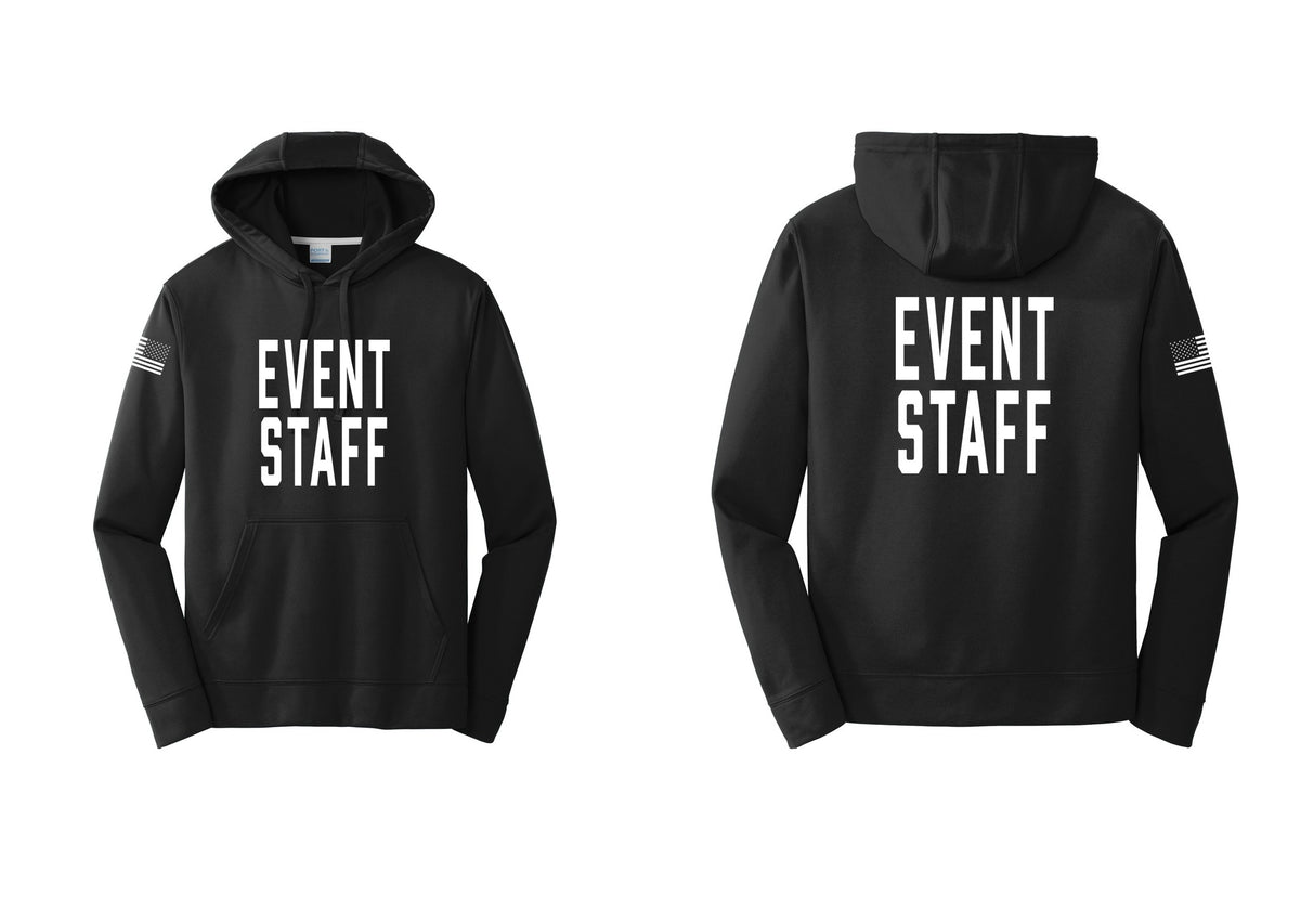 NYC Factory Event Staff Performance Hooded Fleece Pullover Sweatshirt (Classic) - Front + Back + US Flag Sleeve - Black